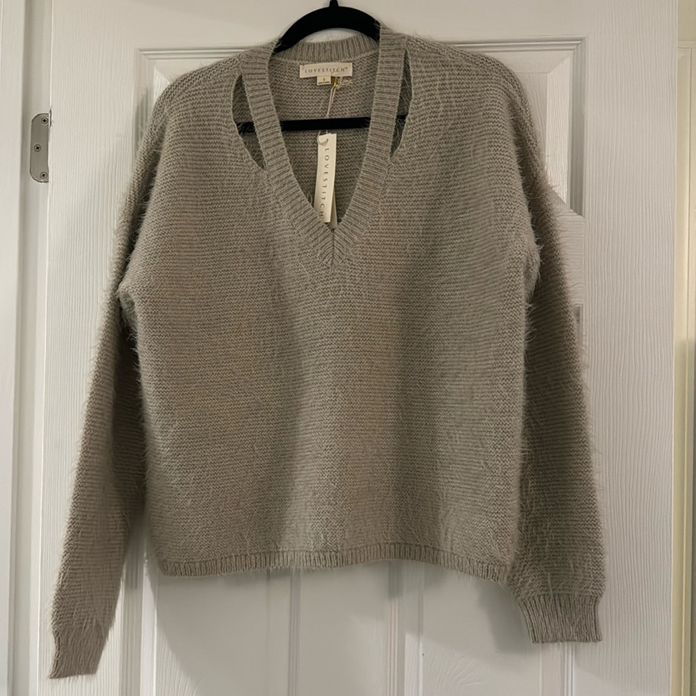 🆕 Love Stitch Fuzzy V-Neck Sweater With Cutout Neckline